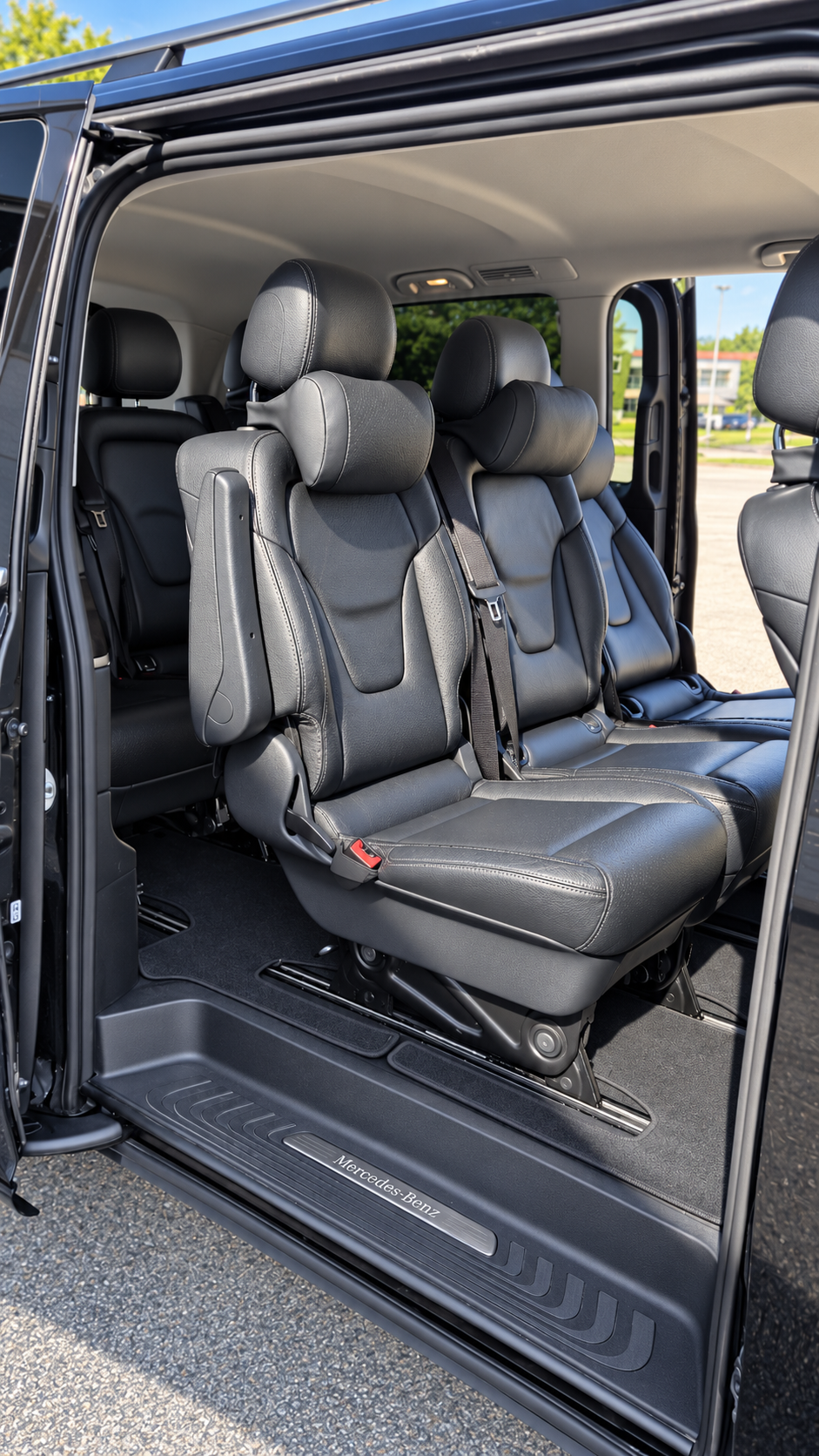 Mercedes V250 patogus įlipimas pro šonines duris su Mercedes-Benz slenksčiu