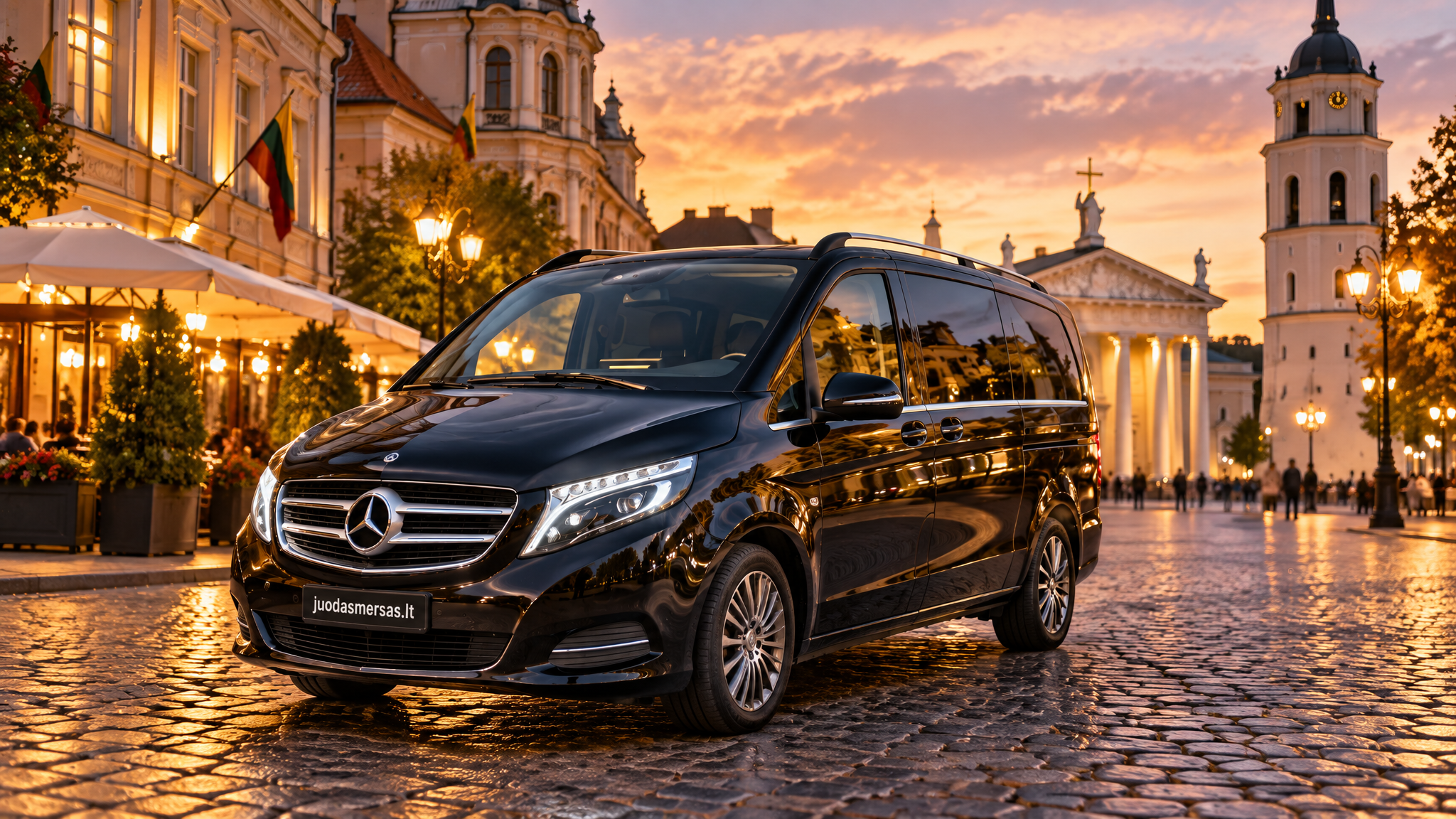 Juodas Mercedes-Benz V250 Vilniaus senamiestyje vakare — pervežimai į šventes